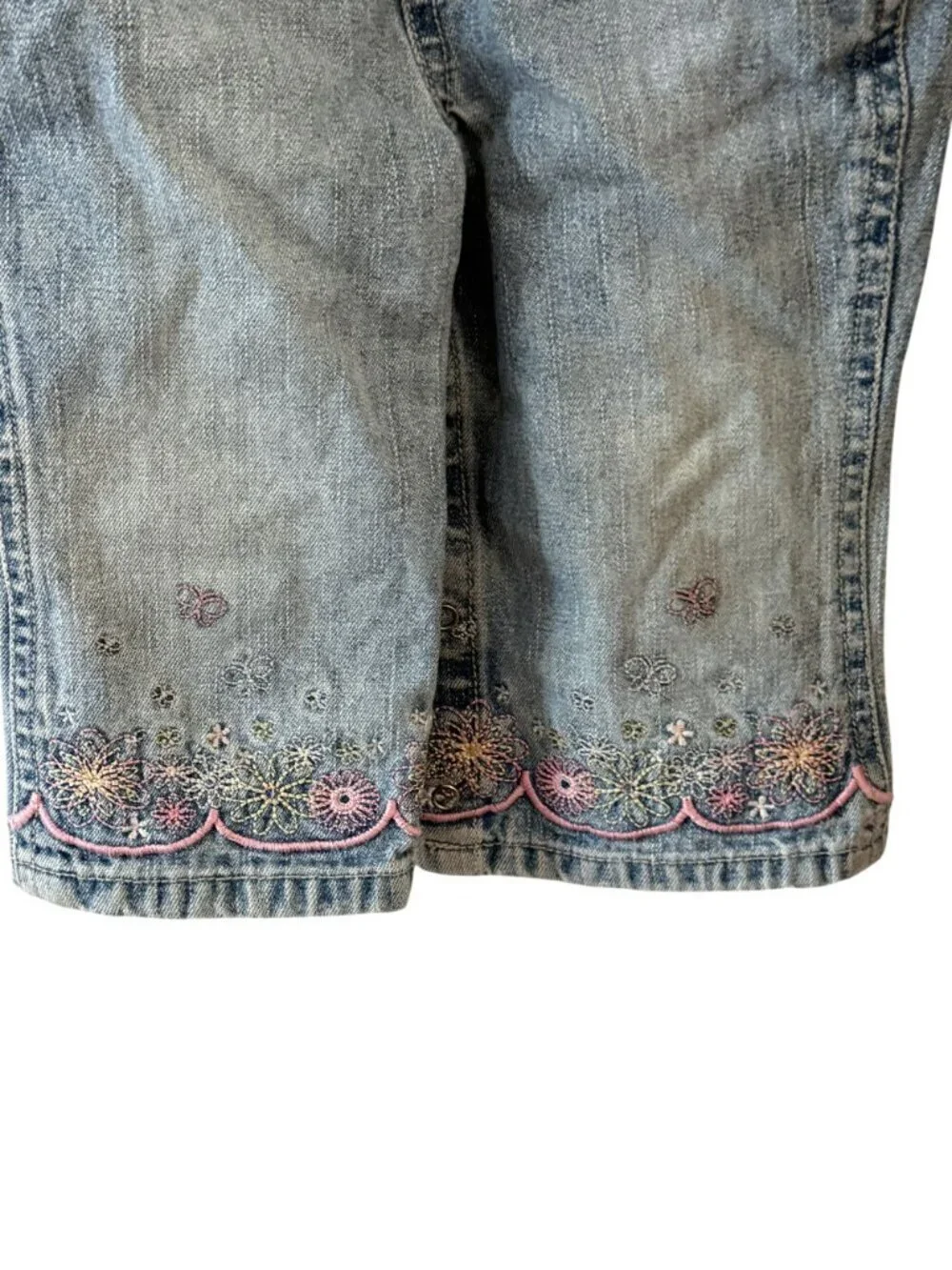 Faded Glory Infant Denim Overalls With Butterfly & Floral Embroidery 12 month